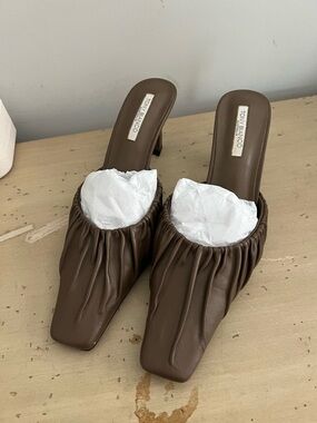 Tony Bianco Chocolate Brown Ruched Leather Mule Heels